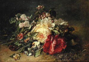 Stillleben mit Rosen und Stiefmütterchen