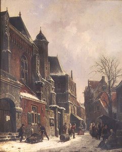 Eine niederländische Straßenszene mit Figuren bei einer Kirche von Adrianus Eversen