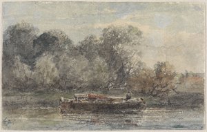 Boot mit gesenktem Mast am Ufer liegend von Adrianus Eversen