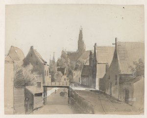 Ansicht eines Kanals in Haarlem, im Hintergrund die St. Bavo von Adrianus Eversen