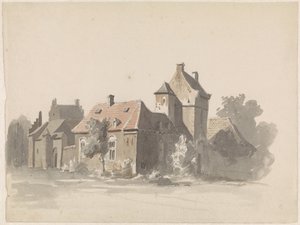 Ansicht einer Gruppe von Häusern mit Stadttor (?) von Adrianus Eversen