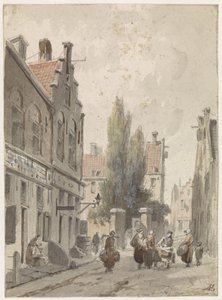 Stadtansicht mit einem Hausierer von Adrianus Eversen