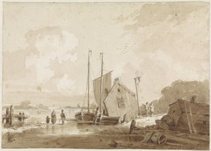 Winteransicht mit Figuren bei Booten an einem Bootshaus von Adrianus Eversen