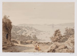 Ansicht von Ternate und der Reede von Ternate, die Westküste von Halmahera, Nord-Molukken
