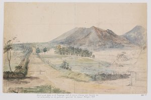 Blick auf die Vulkane Gedé und Pangrango, Straße Cianjur-Cipanas und Landhaus des Generalgouverneurs in Cipanas, Priangan, West-Java