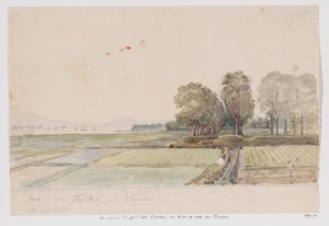 Landschaft mit Straße von Tangkil nach Cirebon und Blick auf die Reede von Cirebon, West-Java