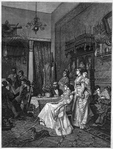 Amateurkonzert in einem Künstleratelier. Gravur nach dem Gemälde von Adrien Moreau in „Das illustre Universum“