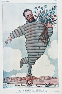 Karikatur von Andre Michelin und Bibendum - Illustration von Adrien Barrere (1877-1931) in „Fantasio“ vom 01/07/1923