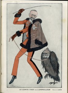 Illustration von A Barrere (1874-1931) in „Fantasio“, 01/04/15 - Graf Tisza oder der Stopfer - Krieg von 14-18, Österreich, Ungarn - Adler, Franz Joseph I. von Österreich, Tisza Istvan - Vermenschlichung von Adrien Barrere