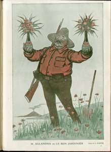 Illustration von A Barrere (1874-1931) in „Fantasio“, 01/06/15 - Herr Salandra oder der gute Gärtner - Krieg von 14-18, Italien, Wein, Neutralität, Blumen, Vulkanausbrüche, Vorsitzender des Rates, Triest - Salandra Antonio von Adrien Barrere