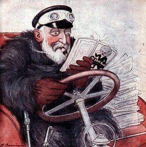Porträt von König Edward VII. von England (1841 - 1910) beim Autofahren. Zeichnung von A. Barrère. „Ich weiß alles.“