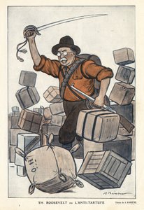 Porträt von Theodore Roosevelt (1858-1919) oder der Anti-Tartuffe in „Fantasio“ vom 01.02.1913 - Illustration von Adrien Barrère (1877-1931)