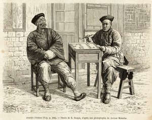 Schachspieler. Gravur nach einer Zeichnung von A. Marie, um die Reise nach Peking und Nordchina von T. Choutze in 1873 zu illustrieren, veröffentlicht in "Le tour du monde" 1876, herausgegeben von Edouard Charton, Hachette-Ausgabe, Paris. Selva-Sammlung