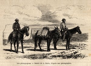 Fotografen der amerikanischen geologischen Mission, zu Pferd, sorgfältig verpacktes Material bereit für eine neue Etappe, Gravur nach der Zeichnung von A. Marie, zur Illustration einer Reihe von geografischen Missionen durch den United States National Park von Adrien Emmanuel Marie