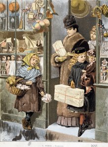 Armes Mädchen verkauft kleine Sträuße am Ausgang eines Spielzeugladens, wo reiche Leute herauskommen (Weihnachtseinkäufe?) - Zeichnung von Adrien Marie