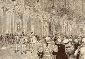 Die Prozession der Ritter des Ordens des Heiligen Geistes in der Eishalle des Schlosses von Versailles am Pfingsttag 1789. Zeichnung von Adrien Marie aus dem Jahr 1889 von Adrien Emmanuel Marie