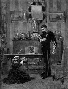 Theateraufführung: „Der Sohn von Coralie“ von Albert Delpit (1849-1893) mit Aimee Jeanne Tessandier (1851-1923) (Coralie) und Lucien Guitry (1860-1925) (Daniel). Paris, Théâtre du Gymnase von Adrien Emmanuel Marie