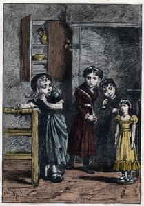 Die beiden Töchter von Thenardier, Eponine und Azelma, betrachten Cosette, die die Puppe Catherine erhalten hat - Illustration von Adrien Marie (1848-1891) für „Die Elenden - Zweiter Teil: Cosette“ von Victor Hugo (1802-1885) 1862