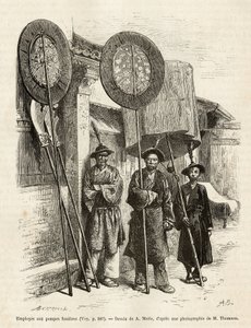 Drei Bestattungsarbeiter in Peking. Gravur nach einer Zeichnung von A. Marie, um die Reise nach Peking und Nordchina von T. Choutze in 1873 zu illustrieren, veröffentlicht in "Le tour du monde" 1876, herausgegeben von Edouard Charton, Hachette-Ausgabe, Par