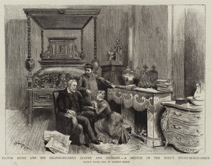 Victor Hugo und seine Enkel Jeanne und Georges, eine Skizze im Arbeitszimmer des Dichters von Adrien Emmanuel Marie