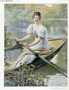 Frau, die ein Boot auf der Seine macht - ill. von Adrien Moreau, ca. 1900