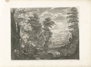 Wasserfall mit einer Stadt im Hintergrund (Vier Landschaften in Böhmen) von Aegidius Sadeler (II) (attributed to)