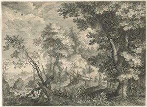 Waldlandschaft mit Holzbrücke, Berglandschaften aus Tirol (Serientitel) von Egidius  Sadeler (II)