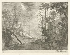 Drei Jäger an einem Fluss im Wald von Egidius  Sadeler (II)