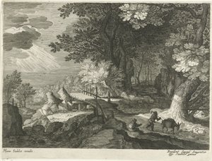 Holzbrücke in einer Waldlandschaft von Egidius  Sadeler (II)