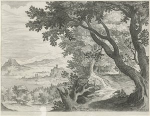 Landschaft mit zwei Figuren unter einem Baum