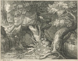 Reisende über einem Wasserfall (Serie: Sechs Landschaften) von Egidius  Sadeler (II)