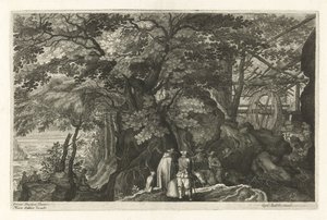 Fluss mit Felsen und einer Wassermühle