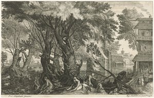 Rastende Jäger bei einer Baumgruppe
Acht Landschaften aus Böhmen (Serientitel) von Egidius  Sadeler (II)