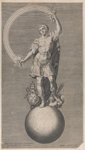Allegorische Figur eines Kriegers, der auf einem Globus mit dem päpstlichen Wappen steht von Aegidius Sadeler II