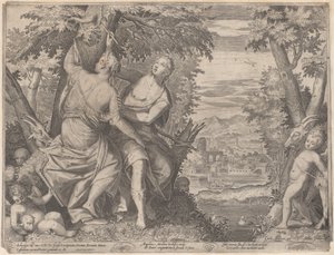Angelica und Medoro, sie stehen neben einem Bach, während Medoro ihre Namen in einen Baum schnitzt, 1590-1598 von Aegidius Sadeler II