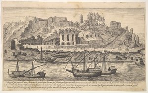 Ansicht von Westen der Ruinen des Aventin-Hügels, Rom, mit Booten auf dem Fluss von Aegidius Sadeler II