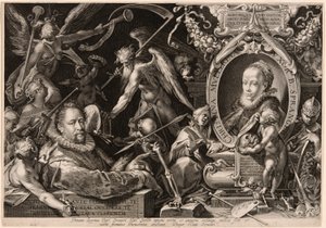 Porträt von Bartolomaeus Spranger mit einer Allegorie auf den Tod seiner Frau, Christina Müller von Aegidius Sadeler II