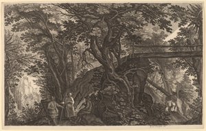 Waldlandschaft mit zwei Männern und einer Frau, die sich in der Nähe einer Brücke ausruhen