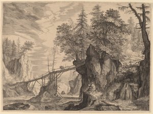 Zeichner auf einem Stein vor einer Brücke