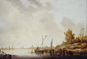 Eine Flusslandschaft mit fernen Windmühlen, ca. 1640-42