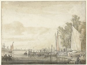 Boote an einem Steg in einem Fluss von Aelbert Cuyp
