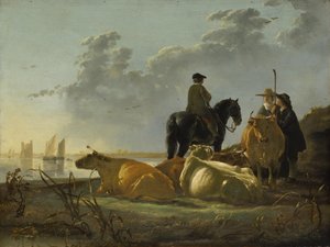 Bauern und Vieh am Fluss Merwede von Aelbert Cuyp