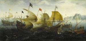 Schlacht von Cádiz: Niederländische und englische Schiffe greifen die spanische Armada an von Aert Anthonisz