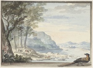 Flusslandschaft mit einem Huhn im Vordergrund von Aert Schouman