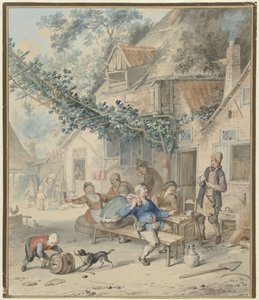 Fröhliche Gesellschaft bei einem Gasthaus