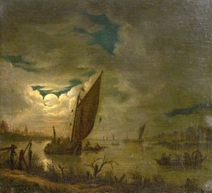 Flusslandschaft mit Booten und Figuren