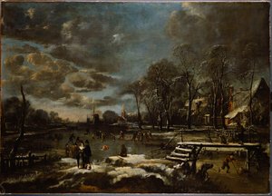 Eine Winterflusslandschaft mit Figuren, die Golf spielen und Schlittschuh laufen
