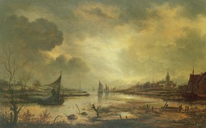Niederländische Stadt an einem Fluss im Mondlicht von Aert van der Neer