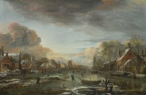 Ein zugefrorener Fluss mit Stadt am Abend. Um 1665