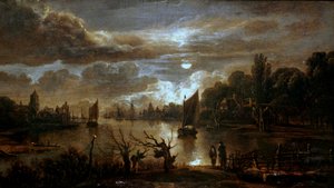 Mondscheinlandschaft mit breitem Kanal